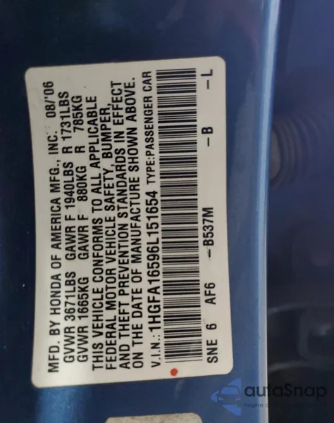 2006 Honda Civic Lx из США, поврежденный, VIN 1HGFA16596L151654